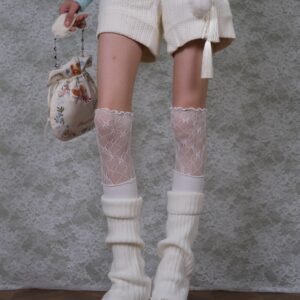 White Lace Thigh-High Stockings with Knit Slouch Layer - Sweet Feminine Legwear